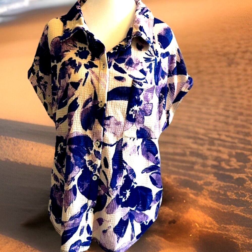 VTG 90s Hawaiian Purple Floral Button Down Shirt Retro Women’s XL Fairy Granny